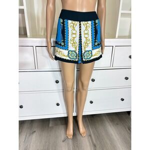 Cache Scarf Print Shorts Women 2 Blue White Gold Chain Tassel Nautical Baroque